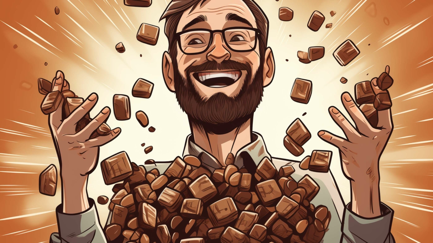 A Guide To Delta 8 Chocolates 6 Indacloud. A Very Happy Man With Piles Of Small Chocolate Candi 03899D8B 649A 4B16 94D2 Afd97Bc805F9