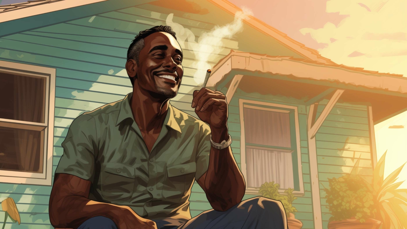 What Are Delta 8 Pre Rolls? 11 Indacloud. A Happy Middle Aged Black Man Smoking A Joint On His 881959Ab 7764 4382 9382 D4132Df4122F