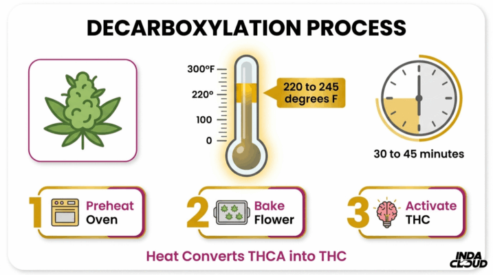 How To Make Edibles: Easy Cannabis Edibles Recipe 1 Cannabis Decarboxylation Process Infographic Showing Oven Preheat, Baking Flower At 220 To 245 Degrees Fahrenheit For 30 To 45 Minutes, And Activating Thc