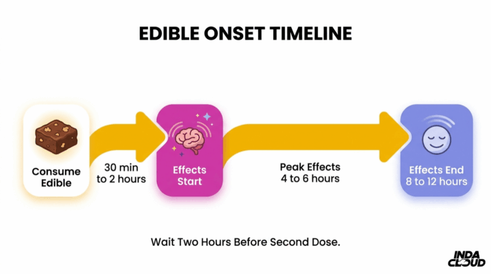 How To Make Edibles: Easy Cannabis Edibles Recipe 4 Cannabis Edible Onset Timeline Showing Effects Starting In 30 Minutes To 2 Hours, Peaking In 4 To 6 Hours, And Ending In 8 To 12 Hours