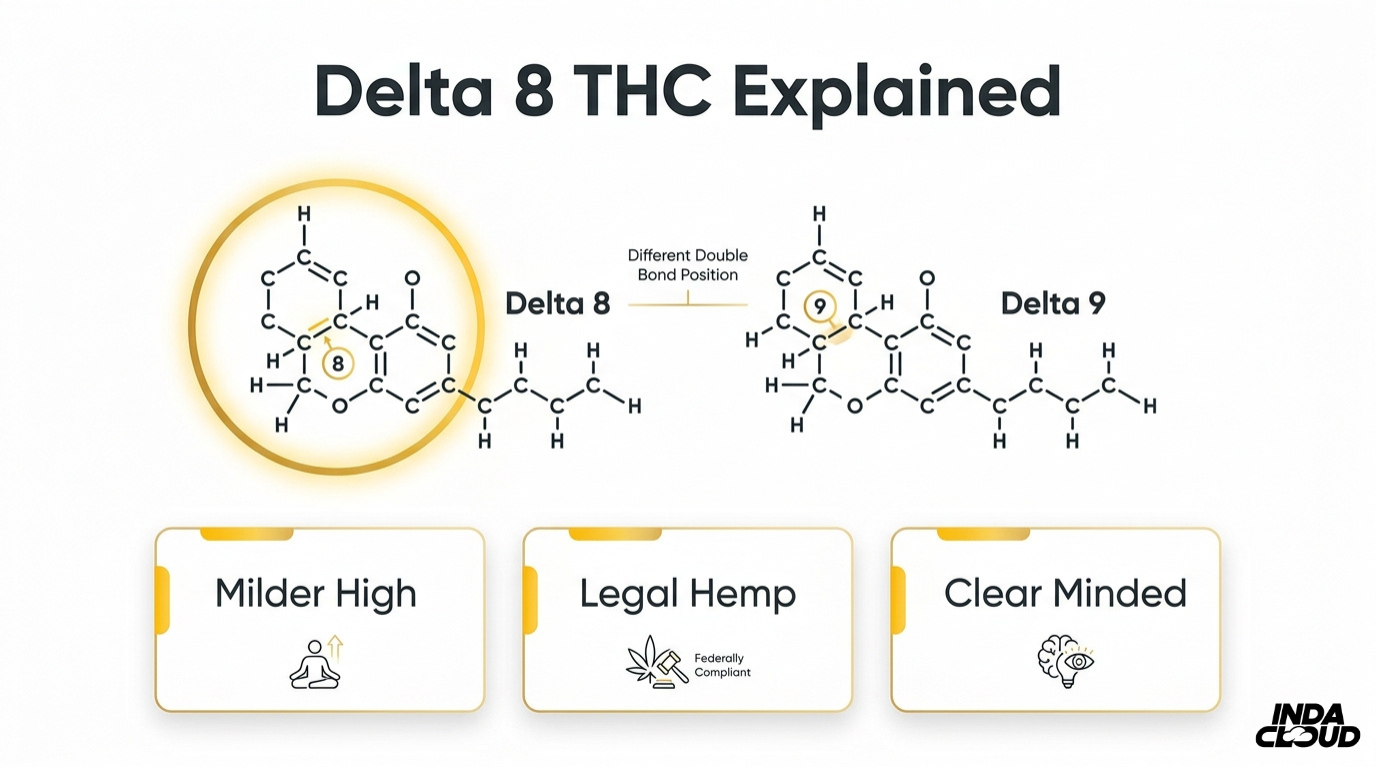 Understanding Delta 8'S Effects: How It Gets You High And Its Legal Status 7 Delta 8 Thc Molecular Structure Comparison Showing The Chemical Difference Between Delta 8 And Delta 9 With Milder Psychoactive Effects And Legal Hemp Origin