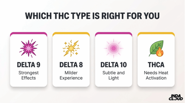 What Is Thc? Complete Guide To Types, Effects, Products, Potency, Safety, And Legality 3 Comparison Guide Of Delta 9, Delta 8, Delta 10, And Thca Showing Strength, Effects, And Activation Differences